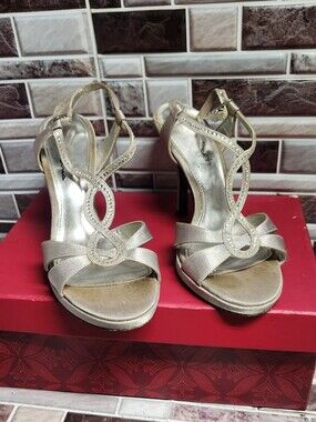 Touch of Nina Gold Crystal-Strap High Heel Sandals